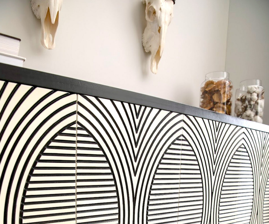 Close-up detail of a bespoke black and white geometric server unit handcrafted by Edge-IDS.